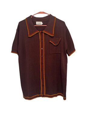 Oxknit Men L 70s Mod Knit Shirt Yellow Brown Short-Sleeve Knit Shirt 100% Cotton